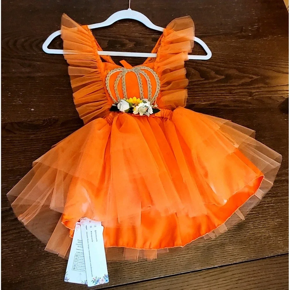 Cute Baby Girl Orange Pumpkin Halloween Tutu Dress Baby Infant Size 18-24Mos NEW